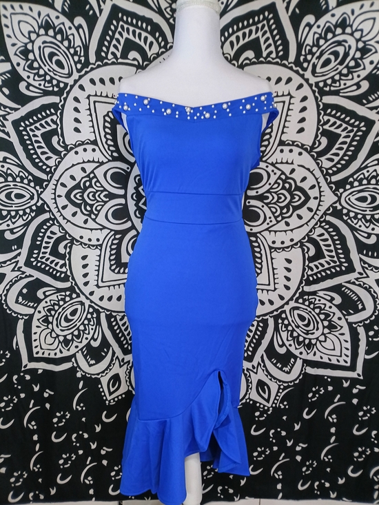 chicme Dresses & Skirts - Off-the-Shoulder Royal Blue Midi Dress with Pearl Trim